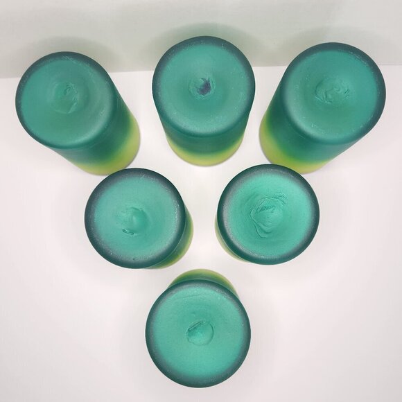 SET 6 HAND BLOWN MEXICAN GLASS TUMBLERS FROSTED YELLOW GREEN BLUE RIM - Picture 3 of 9